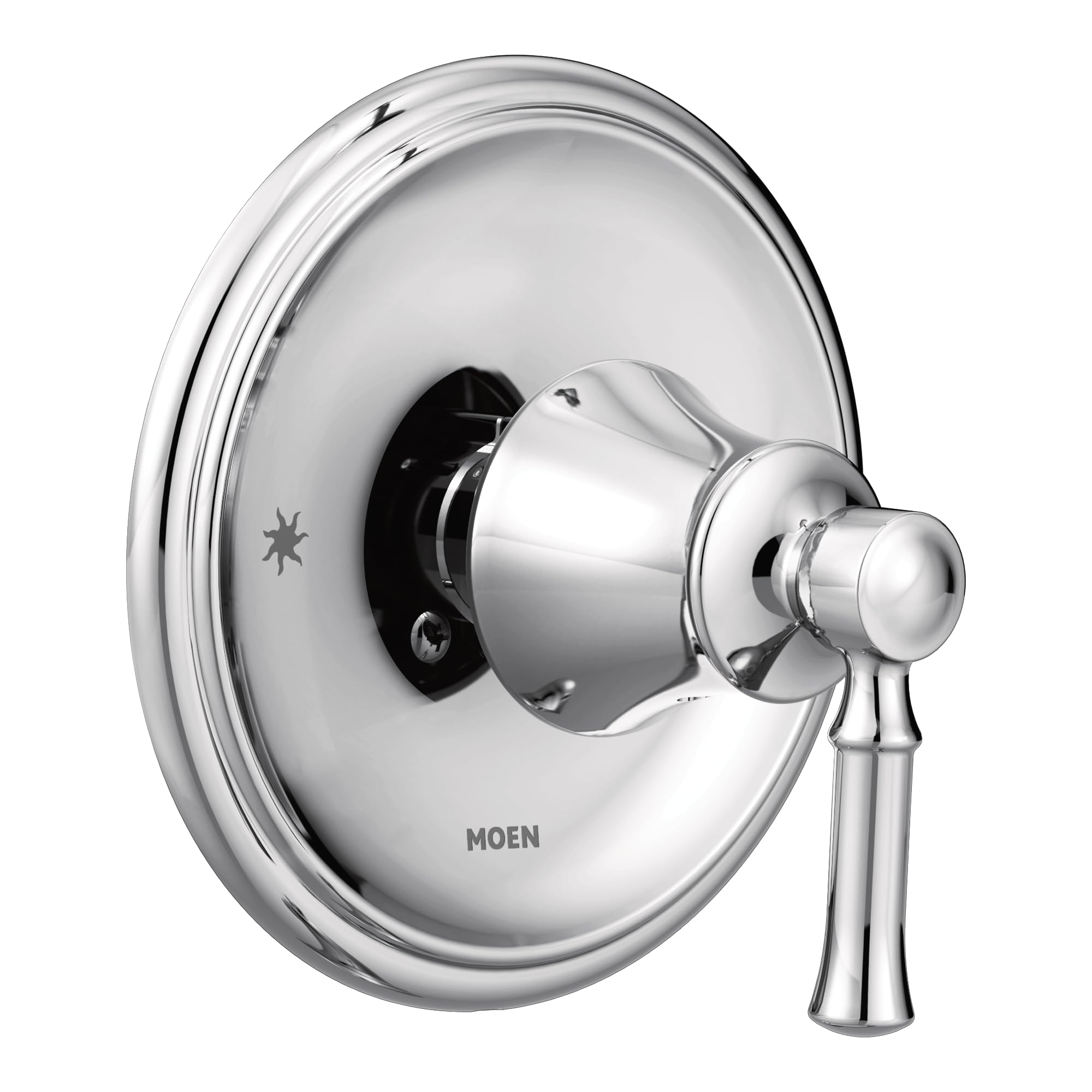 Chrome shower valve trim with round escutcheon plate, single lever handle, and pressure balancing cartridge visible inside.