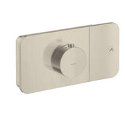 Brushed nickel thermostatic module trim with circular control knob and rectangular escutcheon plate.