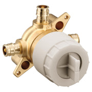 Brass 3-port shower mixing valve with PEX connections, white cartridge housing, and inlet ports marked "UP".