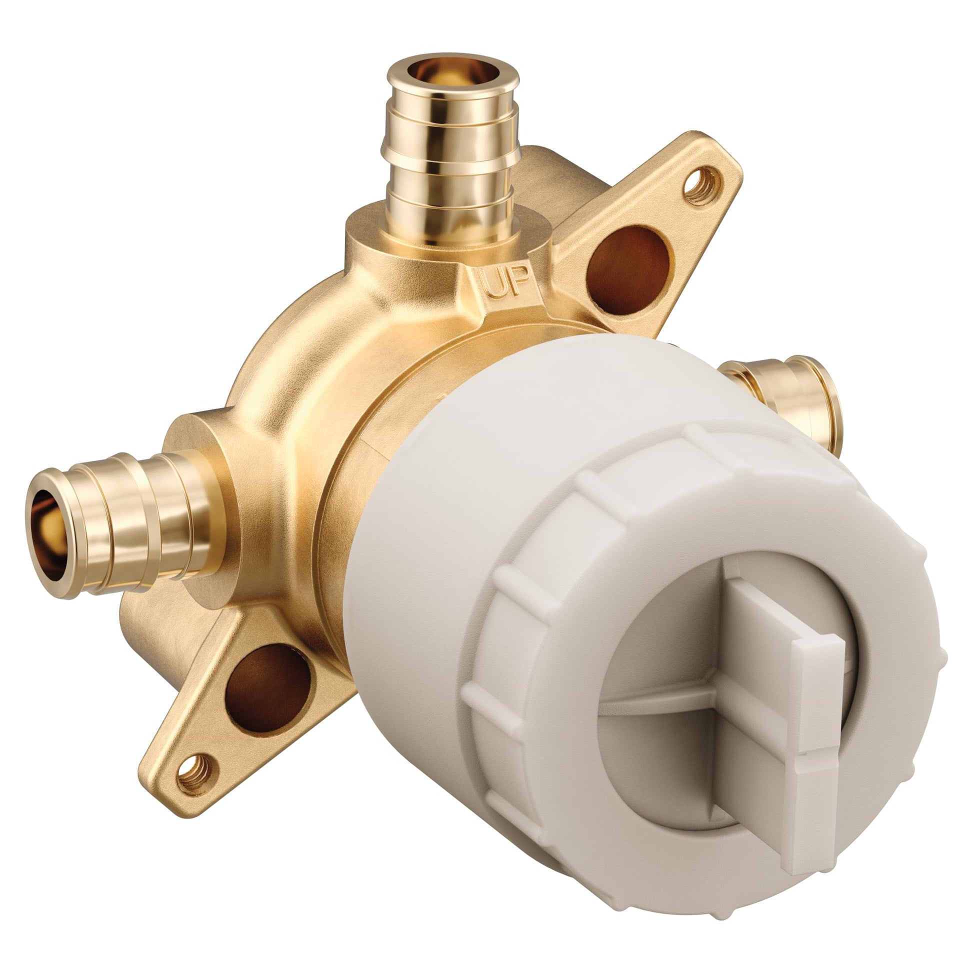 Brass 3-port shower mixing valve with PEX connections, white cartridge housing, and inlet ports marked "UP".