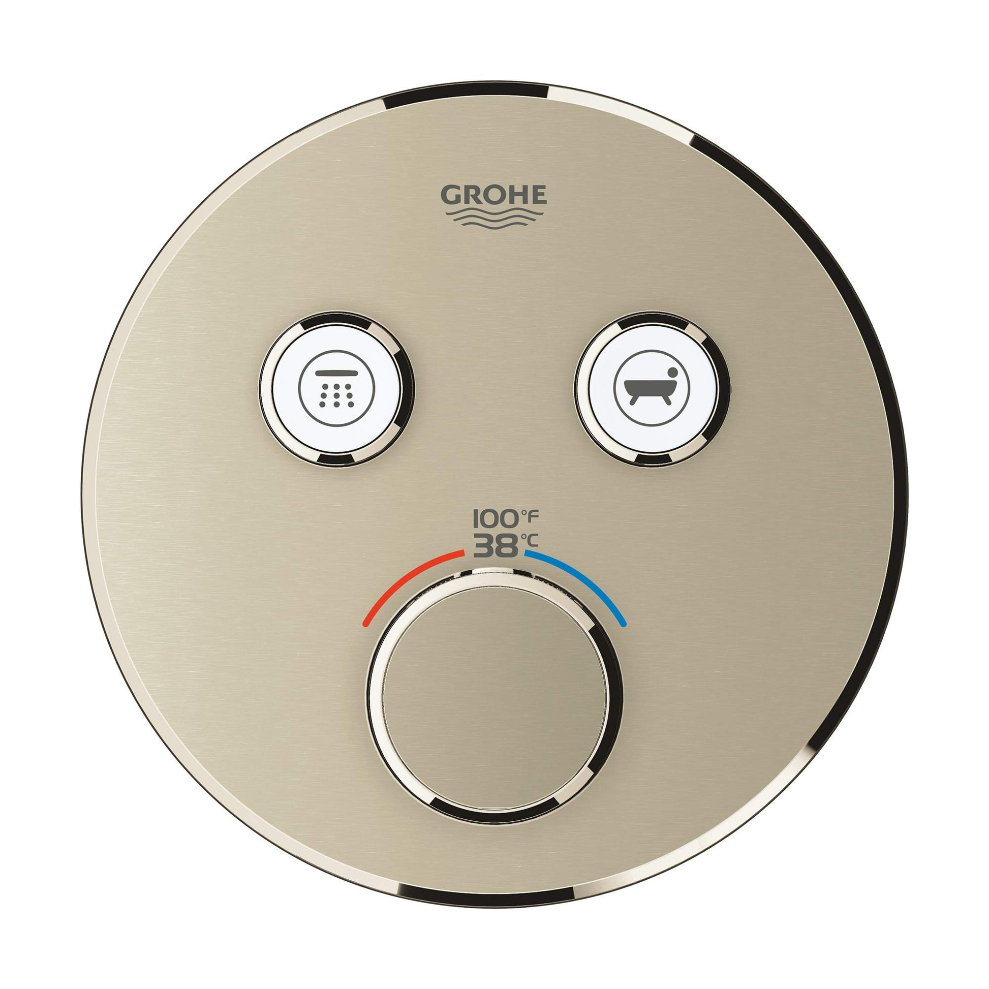 Grohe brushed nickel circular valve trim with two function buttons and temperature dial showing 38°C/100°F setting.