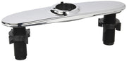 Chrome-finished escutcheon base with two black threaded mounting pipes and chrome collar ring.