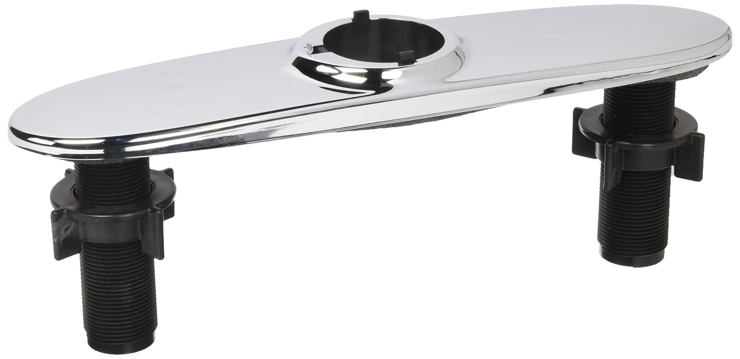 Chrome-finished escutcheon base with two black threaded mounting pipes and chrome collar ring.
