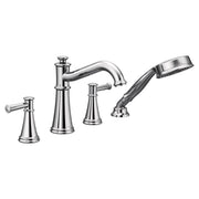 Chrome two-handle deck-mounted roman tub faucet with curved spout and detachable hand shower.