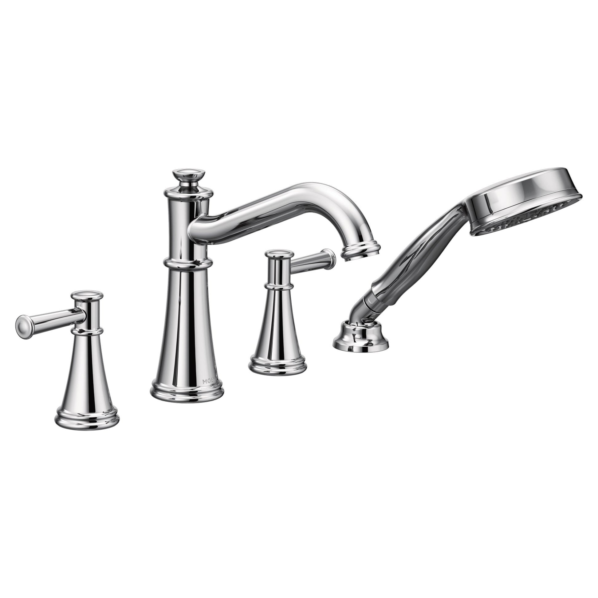 Chrome two-handle deck-mounted roman tub faucet with curved spout and detachable hand shower.