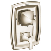 Polished nickel shower valve trim with single lever handle and three-function diverter controls.