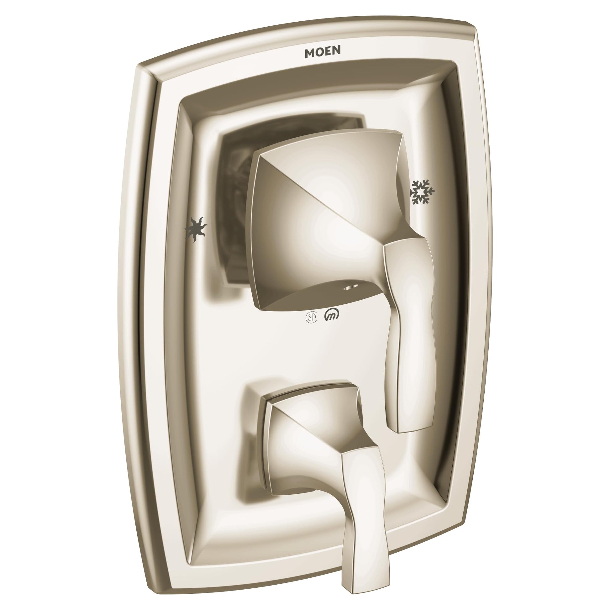 Polished nickel shower valve trim with single lever handle and three-function diverter controls.