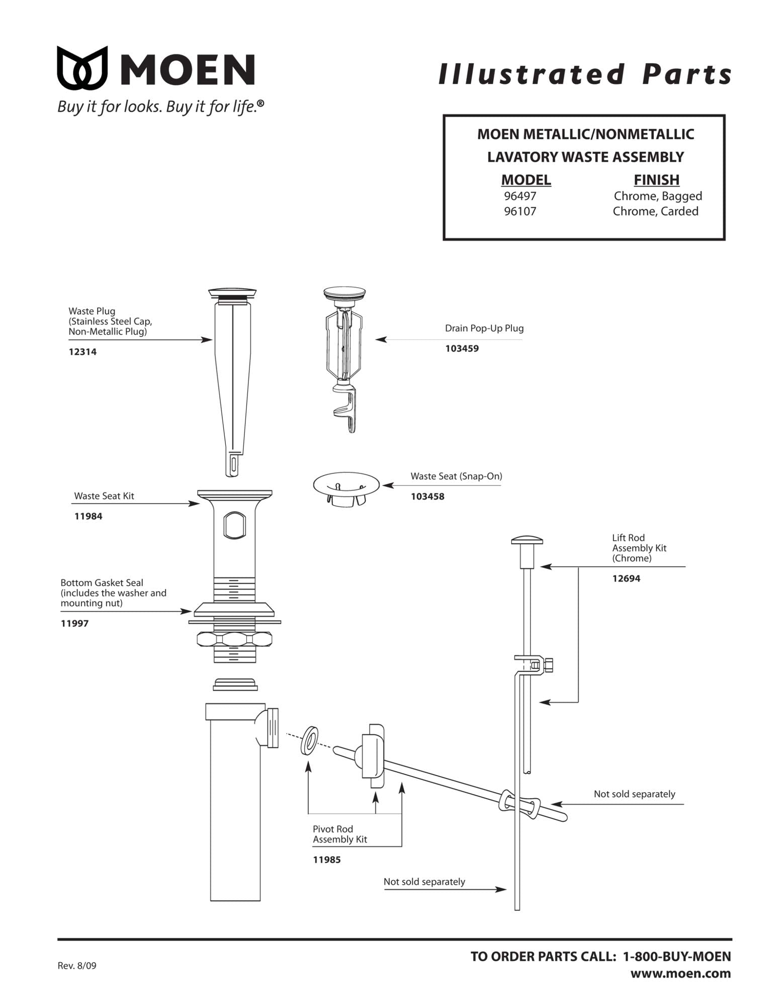 Moen bidet pivot rod assembly diagram showing component parts and positioning for model 11985.