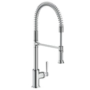 Chrome kitchen faucet with tall coiled sprayer hose, single lever handle, and arched spout.