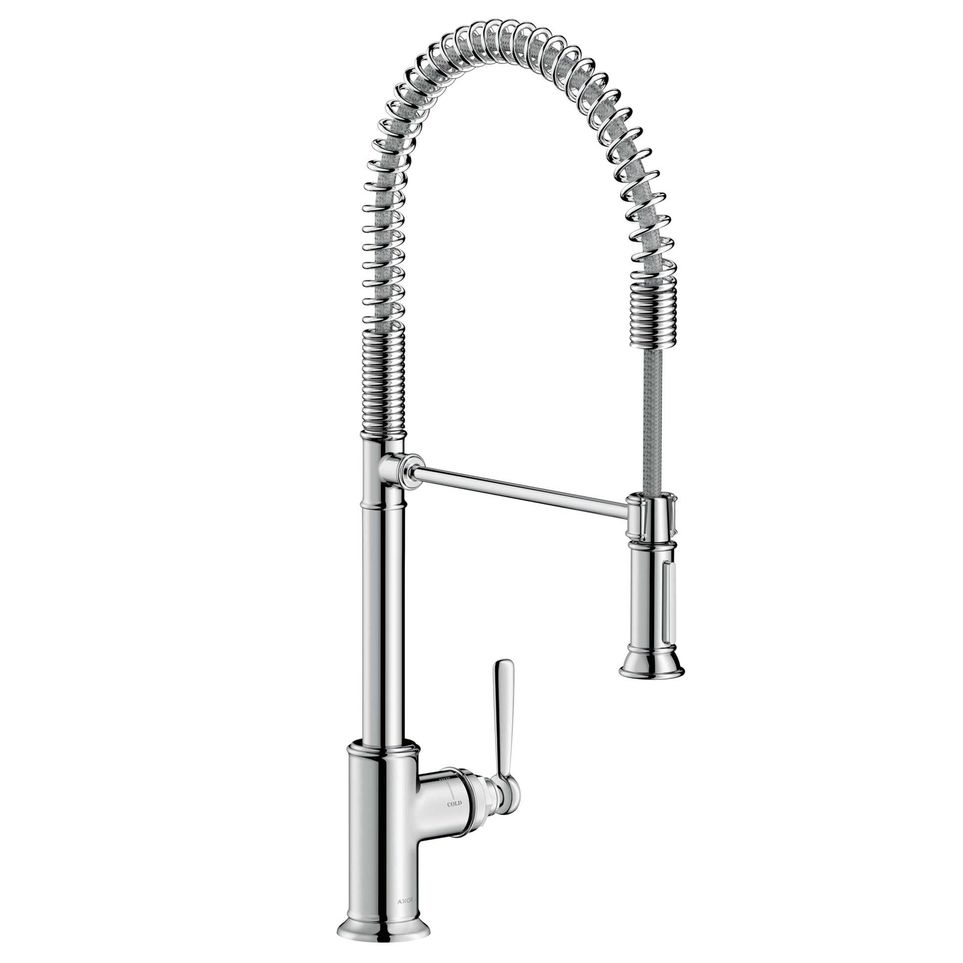 Chrome kitchen faucet with tall coiled sprayer hose, single lever handle, and arched spout.
