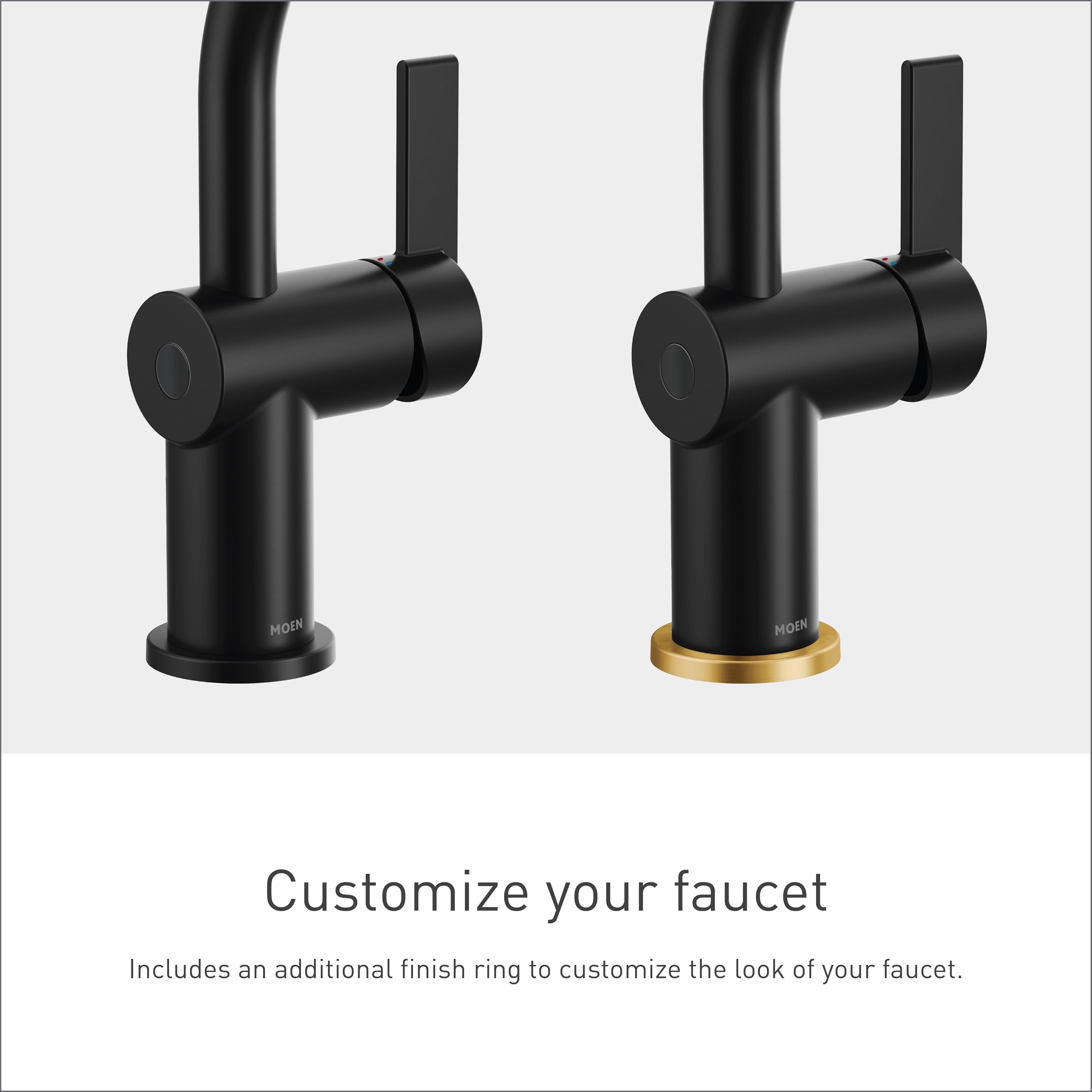 Matte black single-handle bathroom faucet with curved spout and rectangular lever, shown with optional gold finish ring.