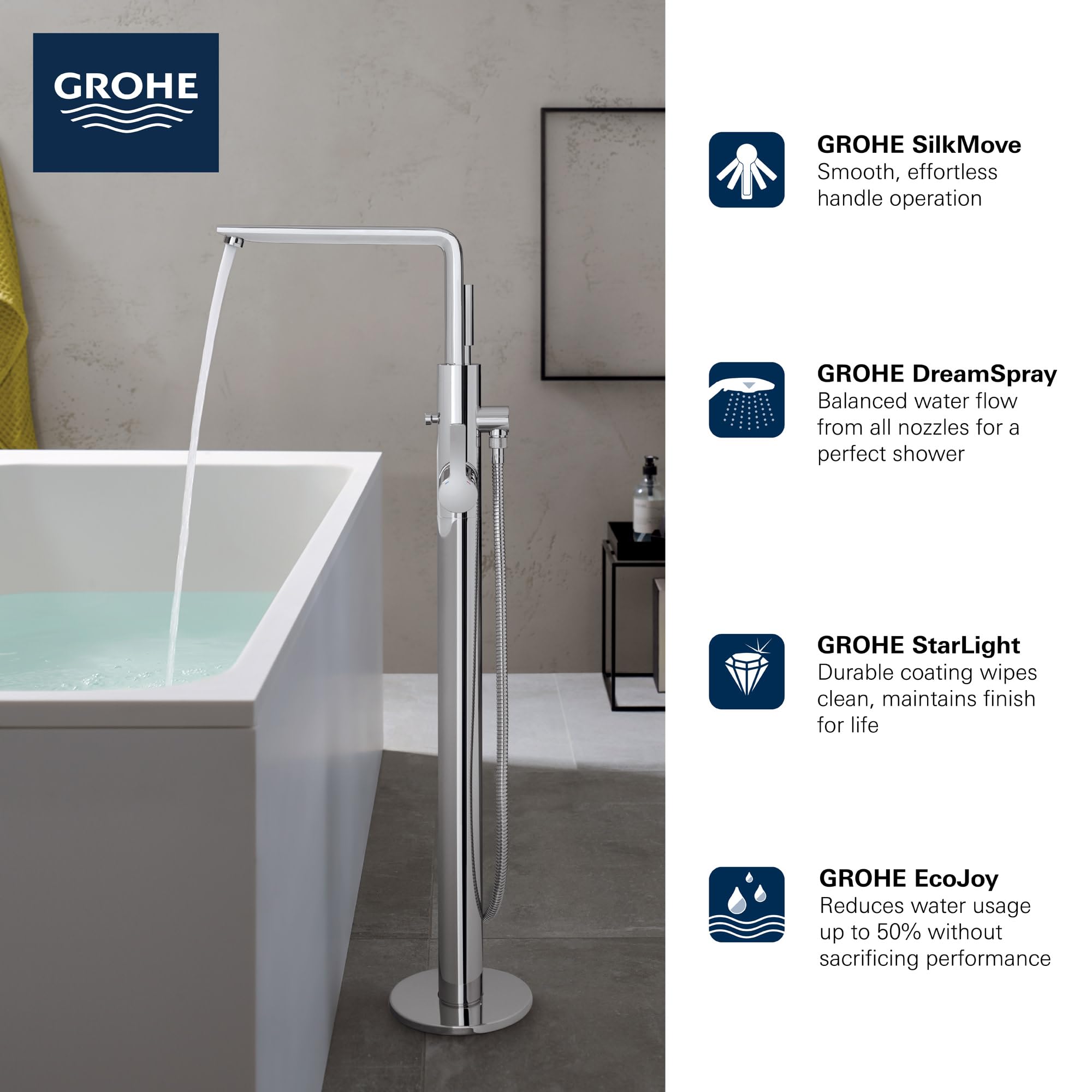 Brushed nickel freestanding tub faucet with single handle and detachable hand shower on floor-mounted base.