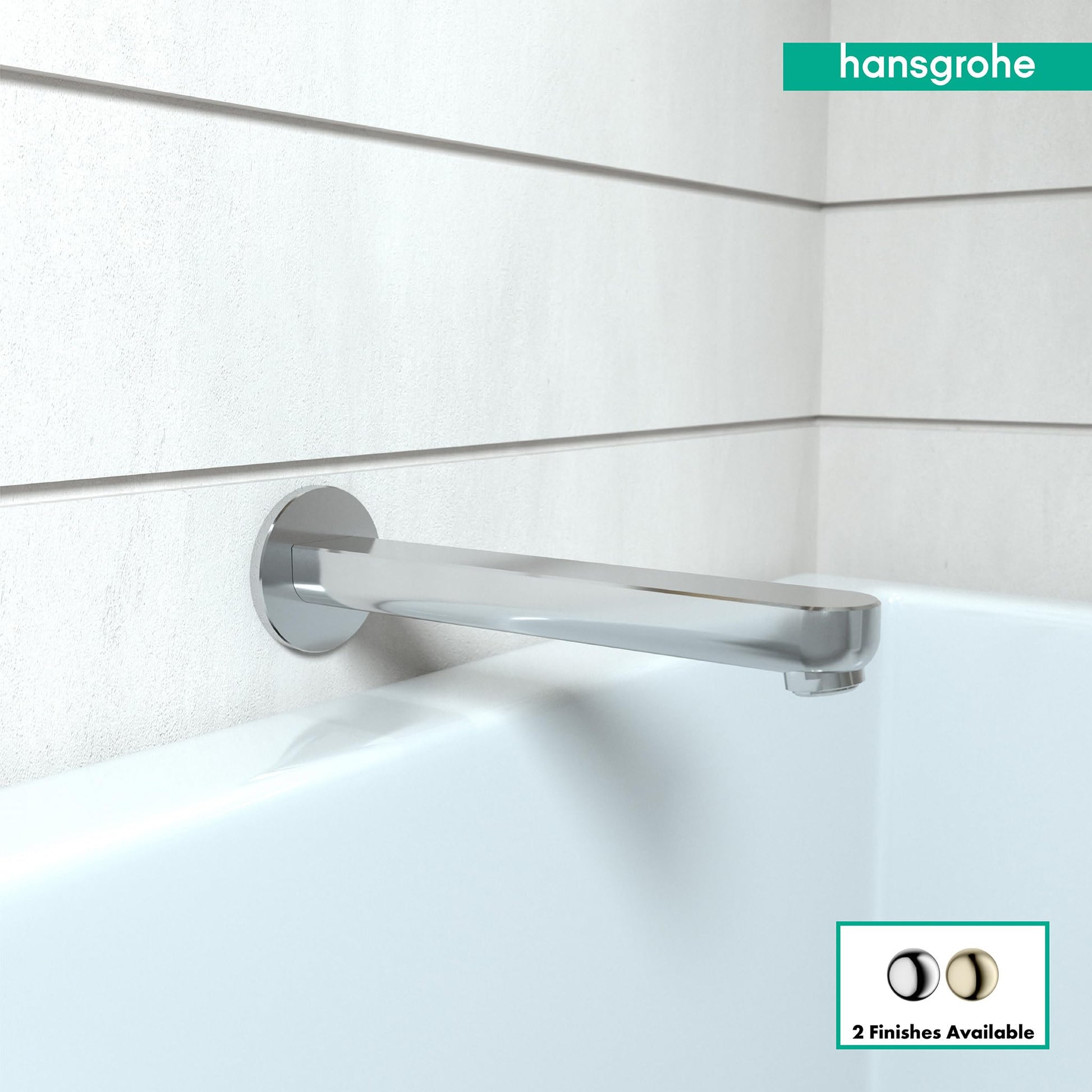 Chrome tub spout with rectangular spout and round wall-mounted flange installed on white tile above bathtub.