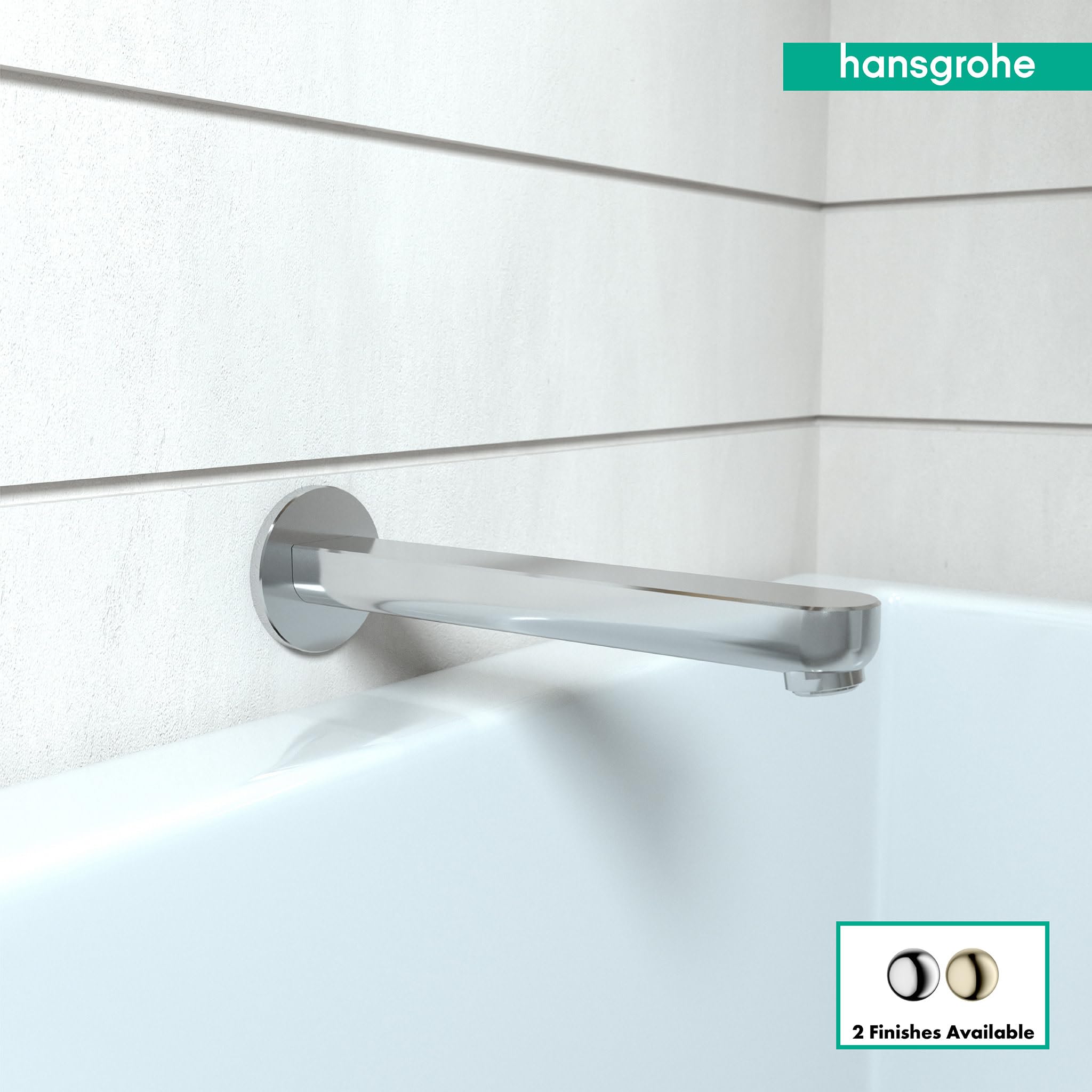Chrome tub spout with rectangular spout and round wall-mounted flange installed on white tile above bathtub.