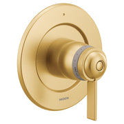 Brushed gold thermostatic valve trim with round escutcheon plate, knob control, and lever handle.