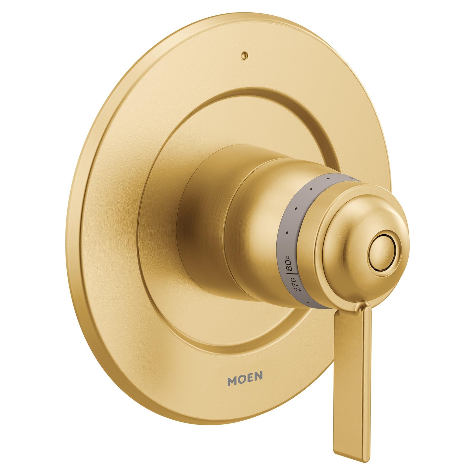 Brushed gold thermostatic valve trim with round escutcheon plate, knob control, and lever handle.