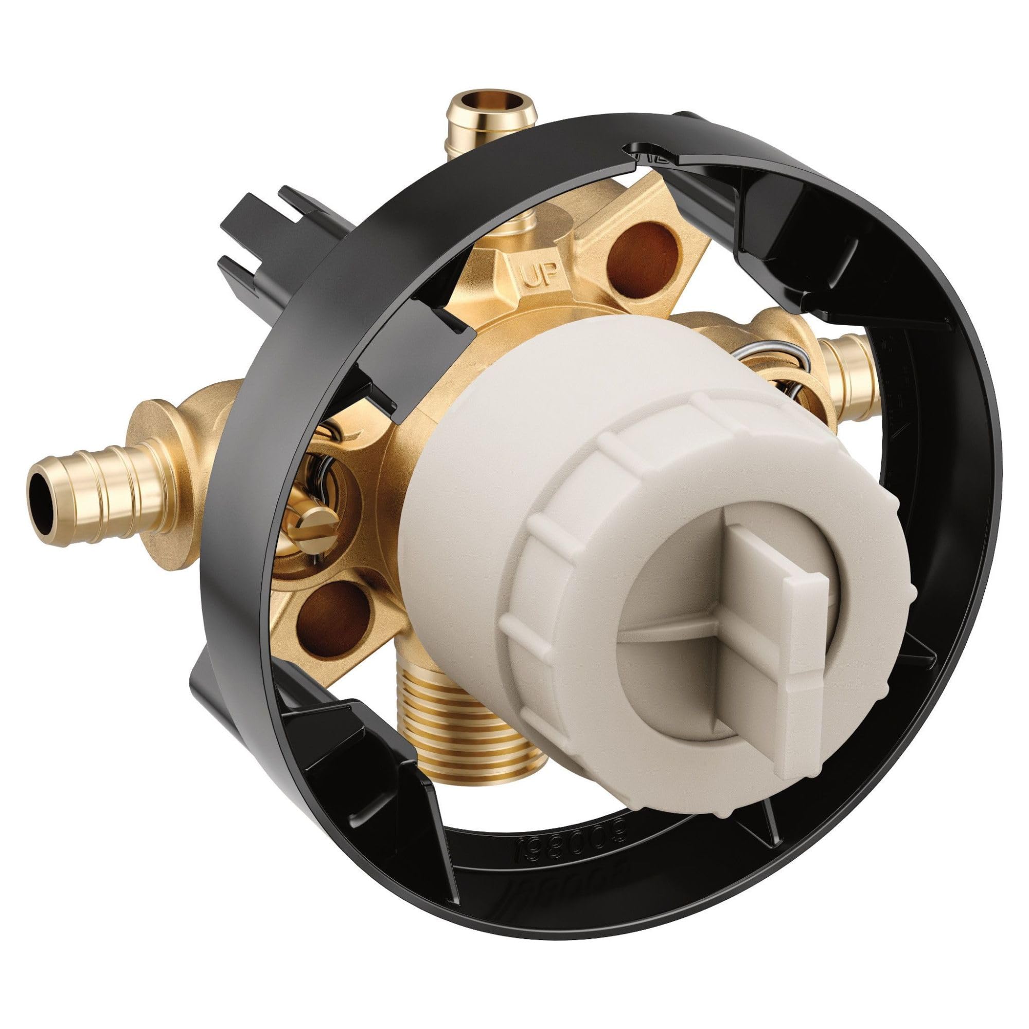 Brass mixing valve with white ceramic cartridge, black housing, and four PEX crimp ring connection ports for tub and shower i