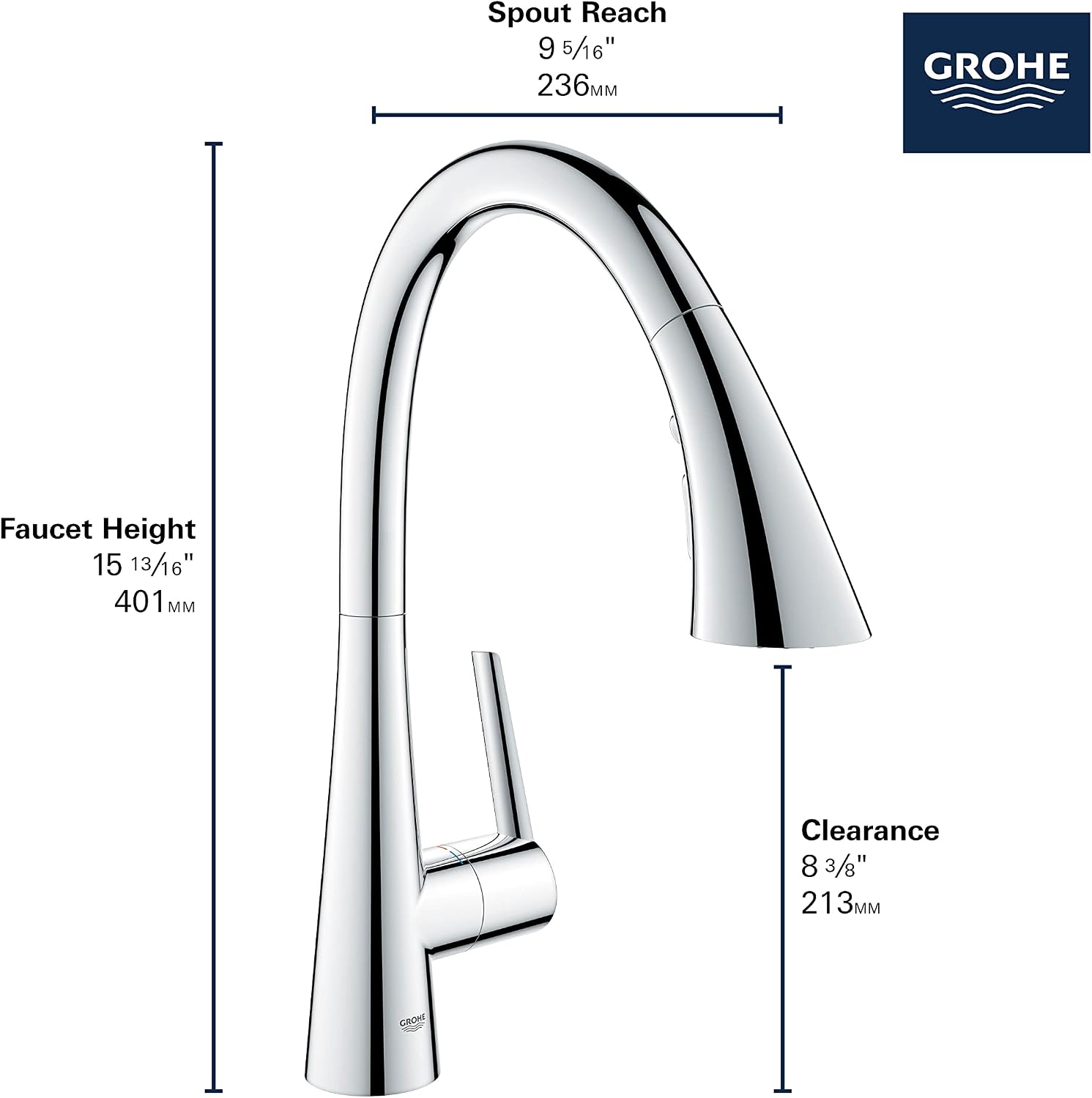 Grohe 32298DC3 Zedra Single-Handle Pull Down Kitchen Faucet Triple Spray 1.75 GPM In Supersteel Finish