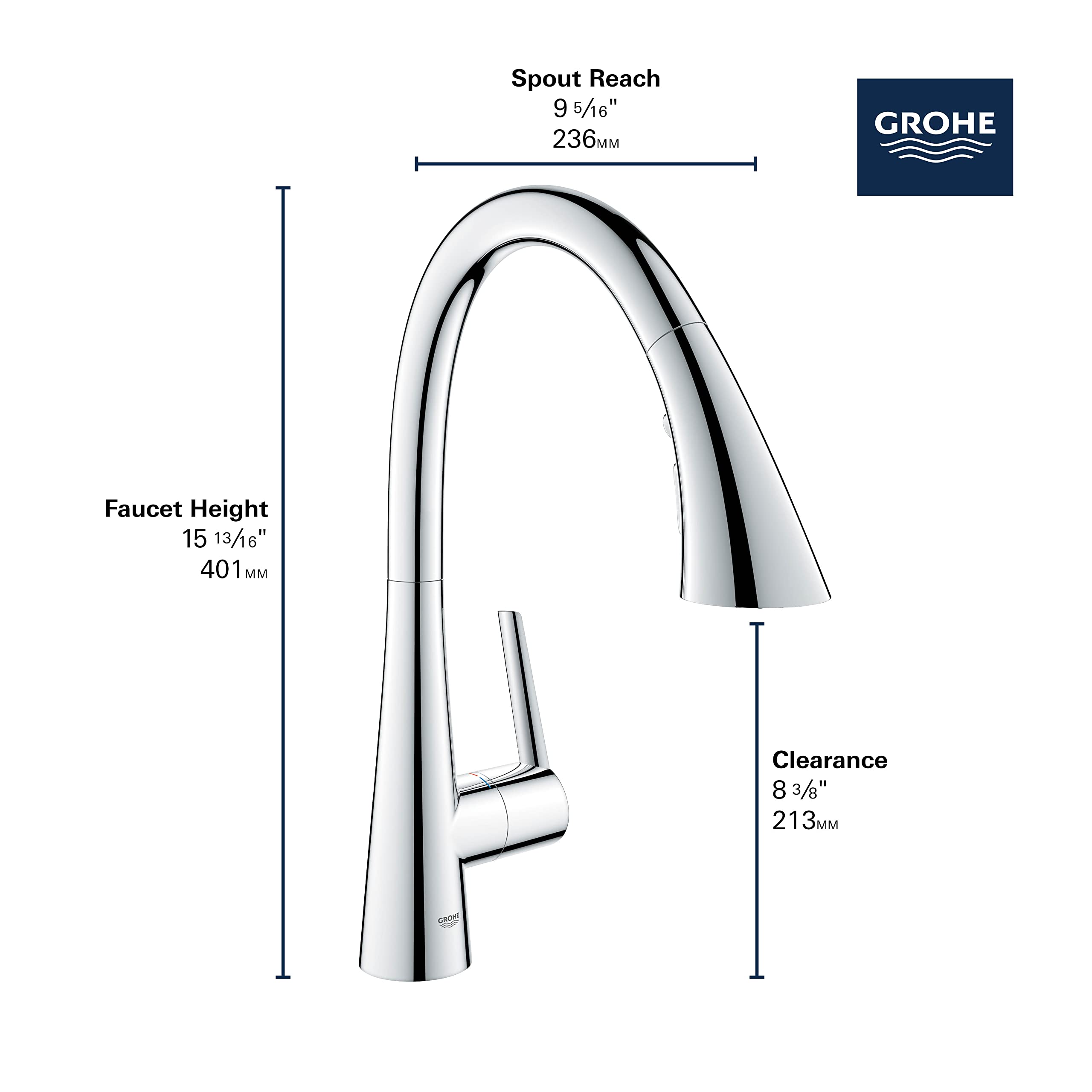 Grohe Zedra single-handle pull-down kitchen faucet with curved spout and chrome finish, showing dimensions.