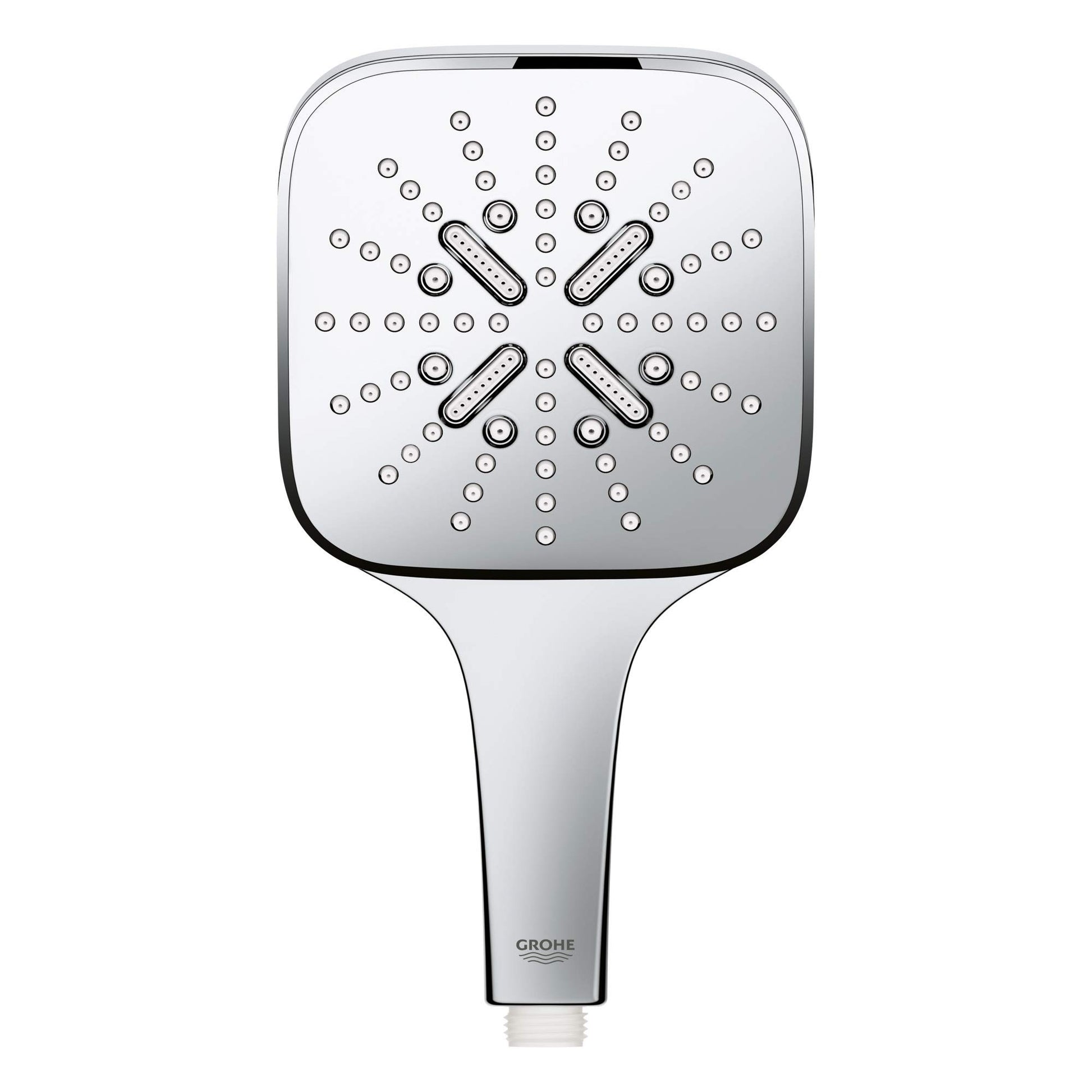 Chrome hand shower with square face featuring multiple spray jets arranged in a pattern, with handle attachment below.