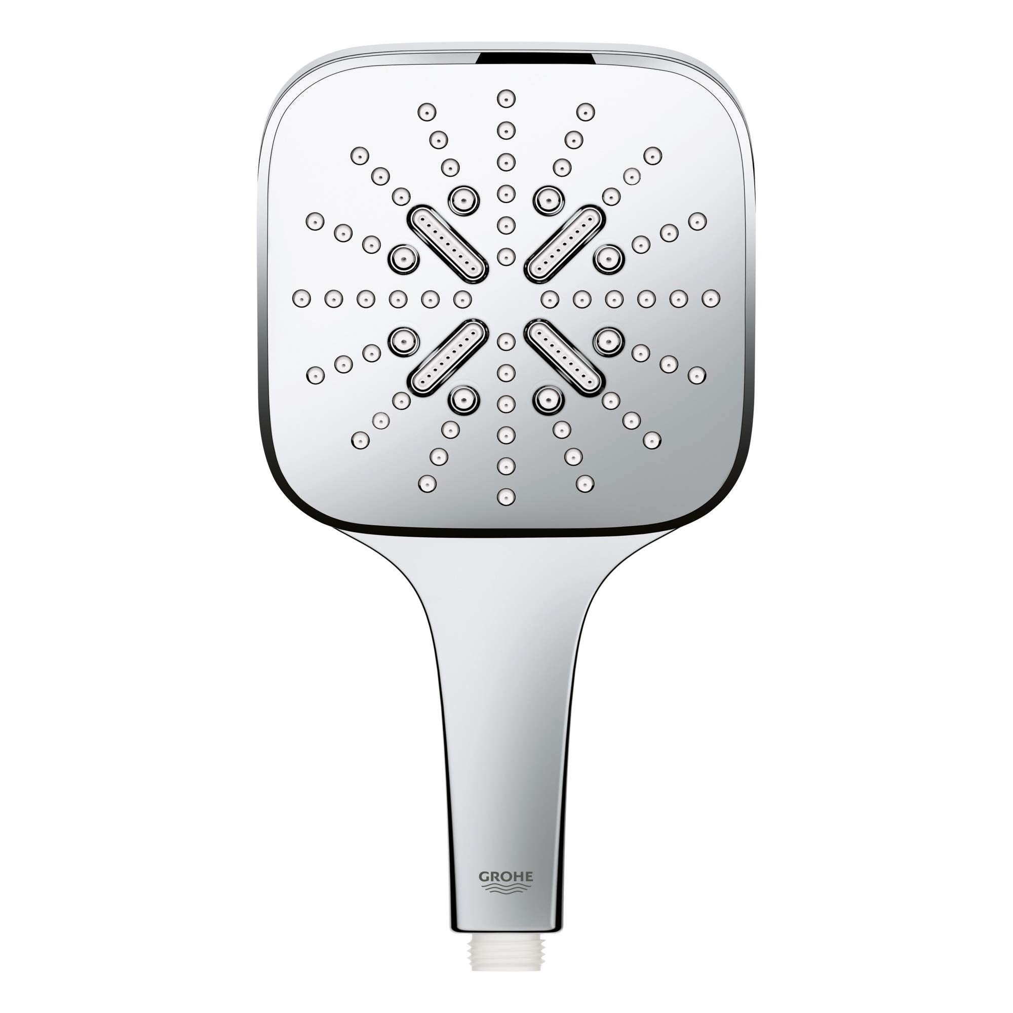 Chrome hand shower with square face featuring multiple spray jets arranged in a pattern, with handle attachment below.