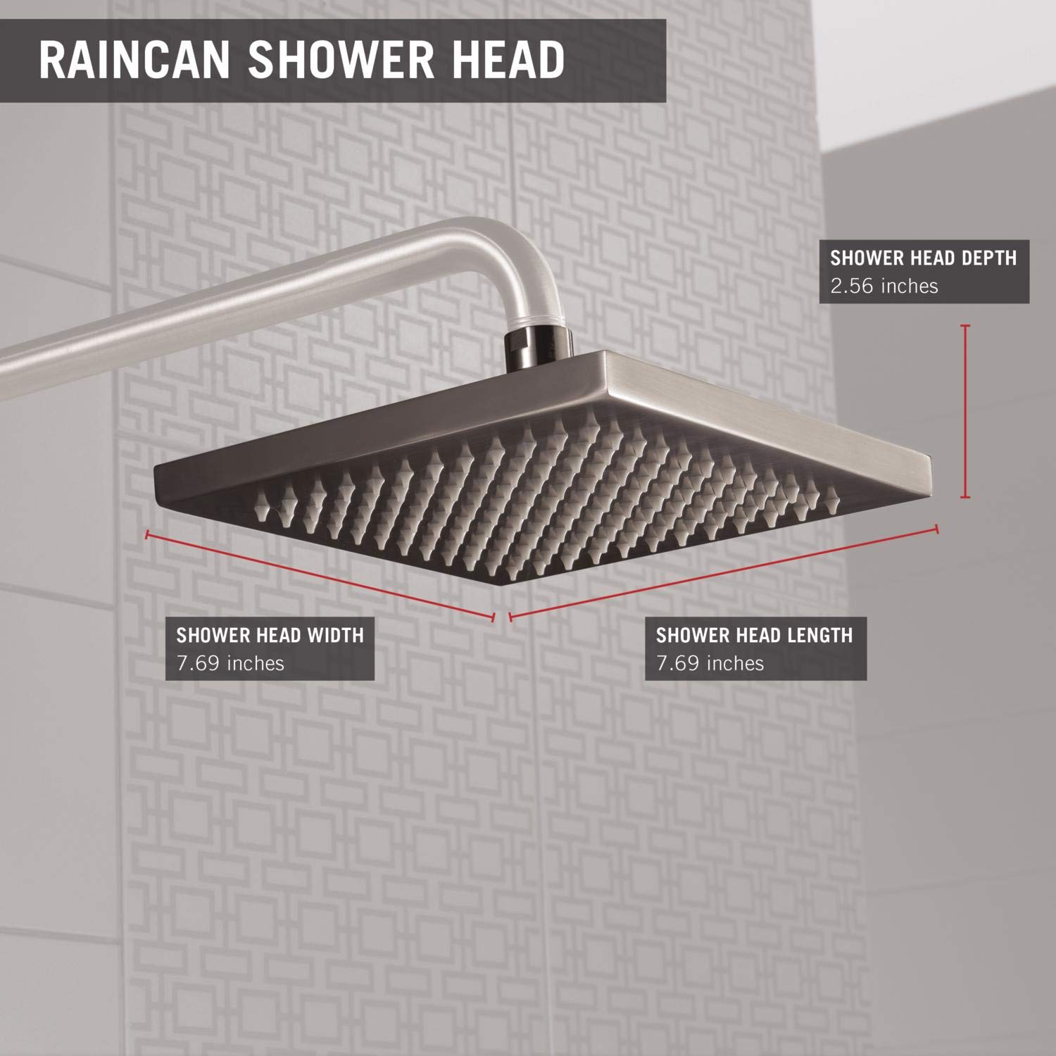 Square stainless steel raincan shower head with textured spray surface and curved arm mount, dimensions 7.69 x 7.69 inches.