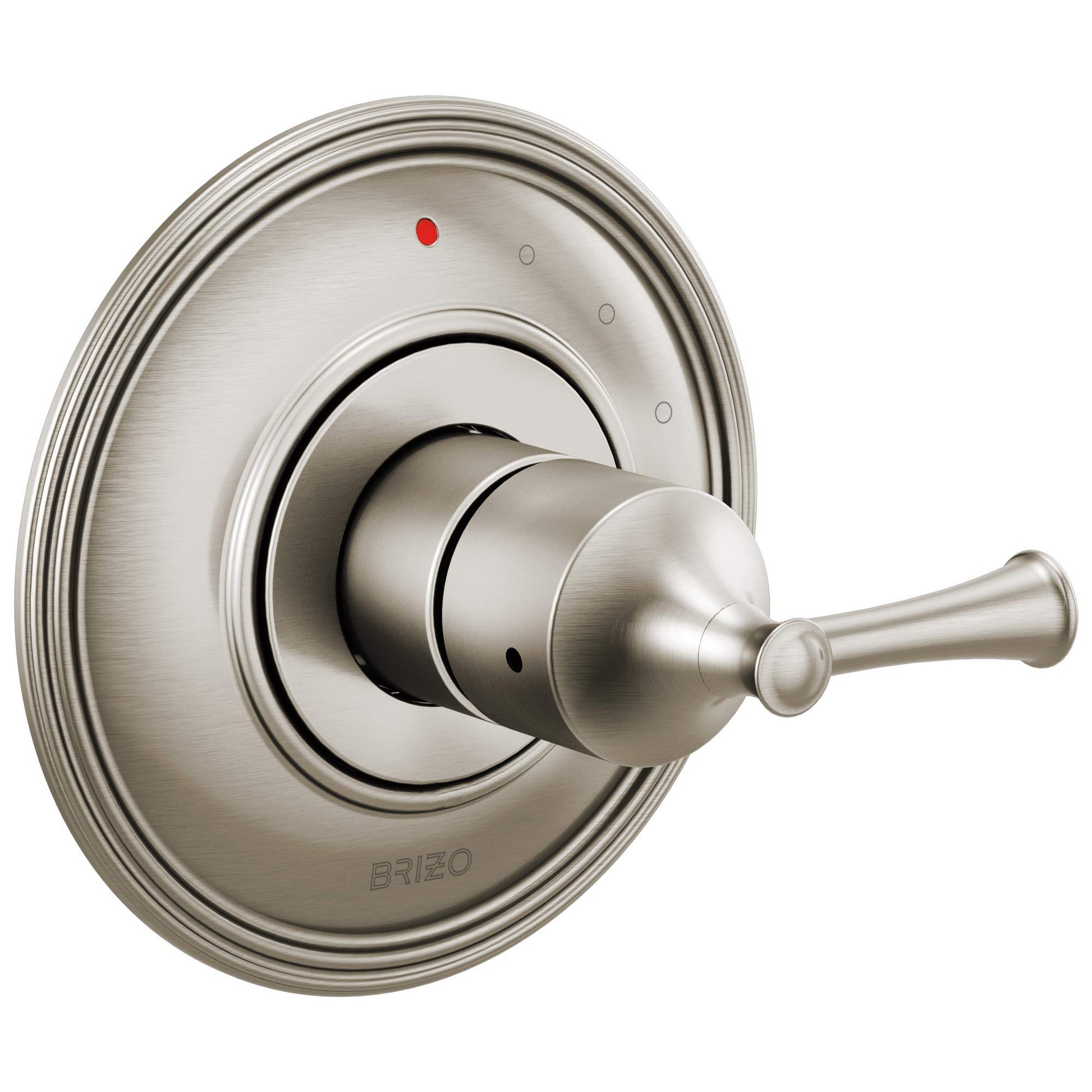 Brushed nickel pressure balance valve trim with circular escutcheon plate, single lever handle, and red temperature indicator