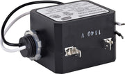 Black rectangular 20 VA transformer with attached cable, threaded connector, and terminal screws.