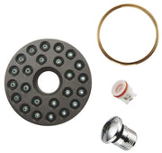 Gray circular spray face plate with multiple jet holes, brass ring, rubber seal, and metal nozzle insert.