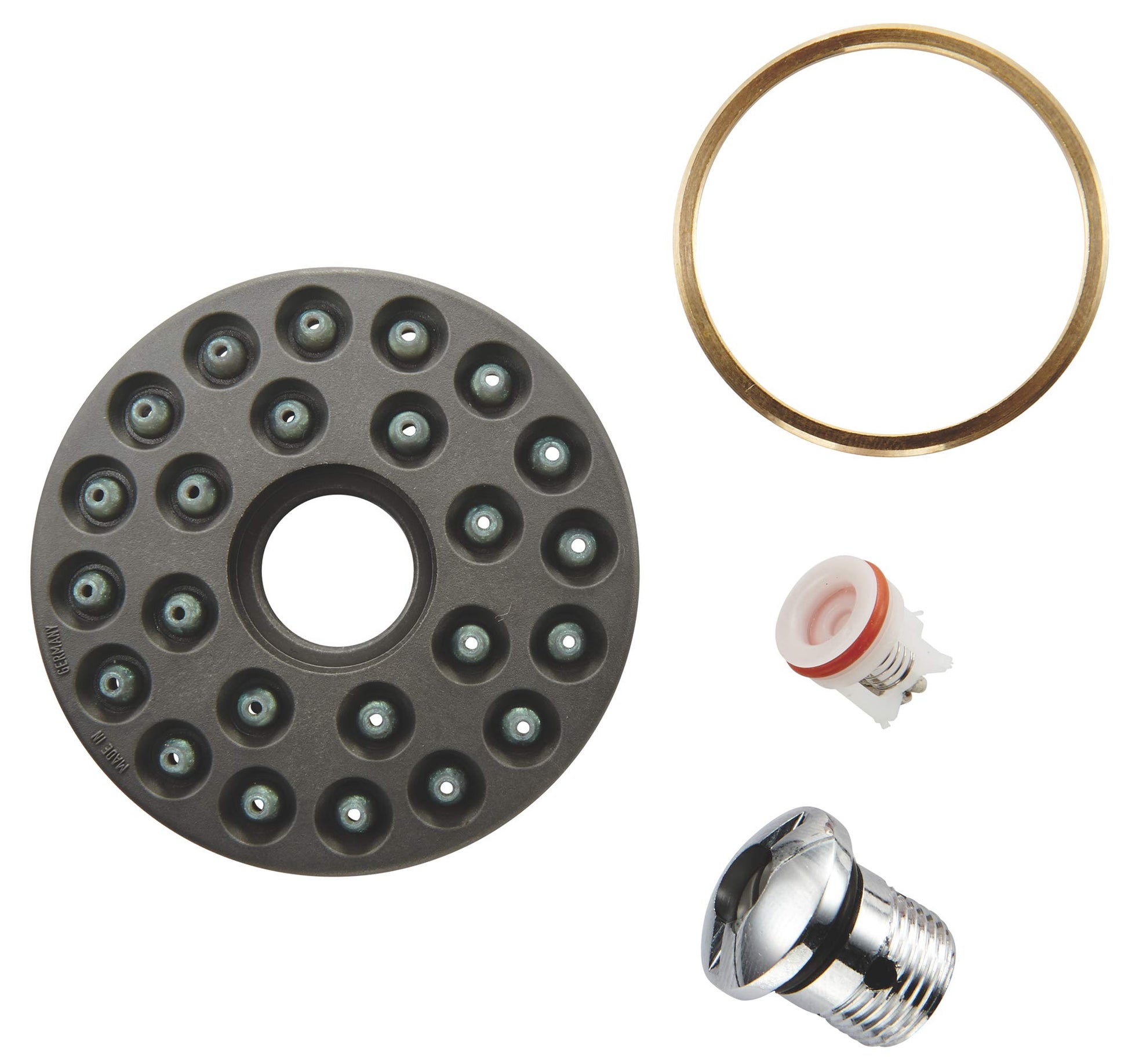 Gray circular spray face plate with multiple jet holes, brass ring, rubber seal, and metal nozzle insert.