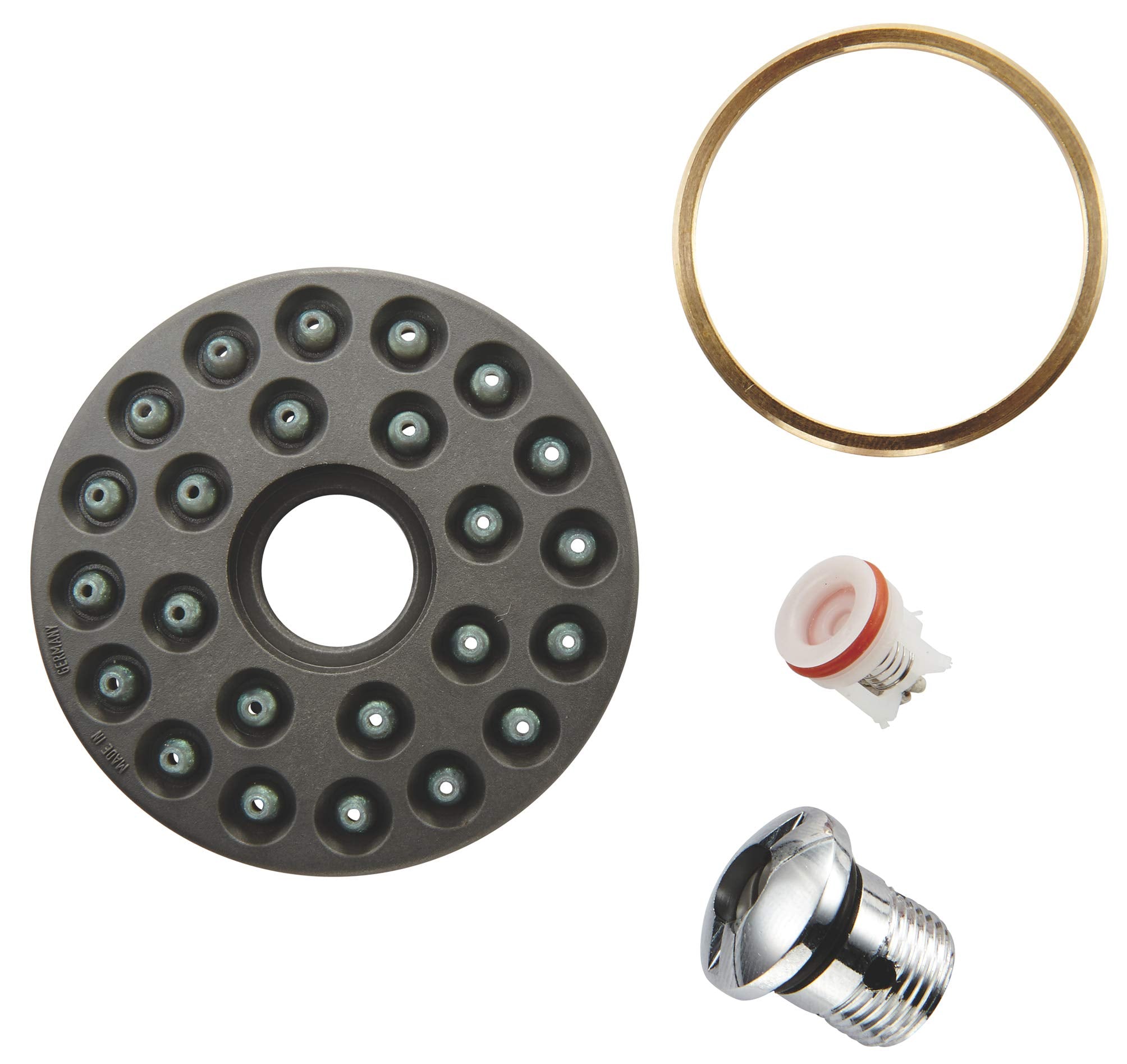 Gray circular spray face plate with multiple jet holes, brass ring, rubber seal, and metal nozzle insert.