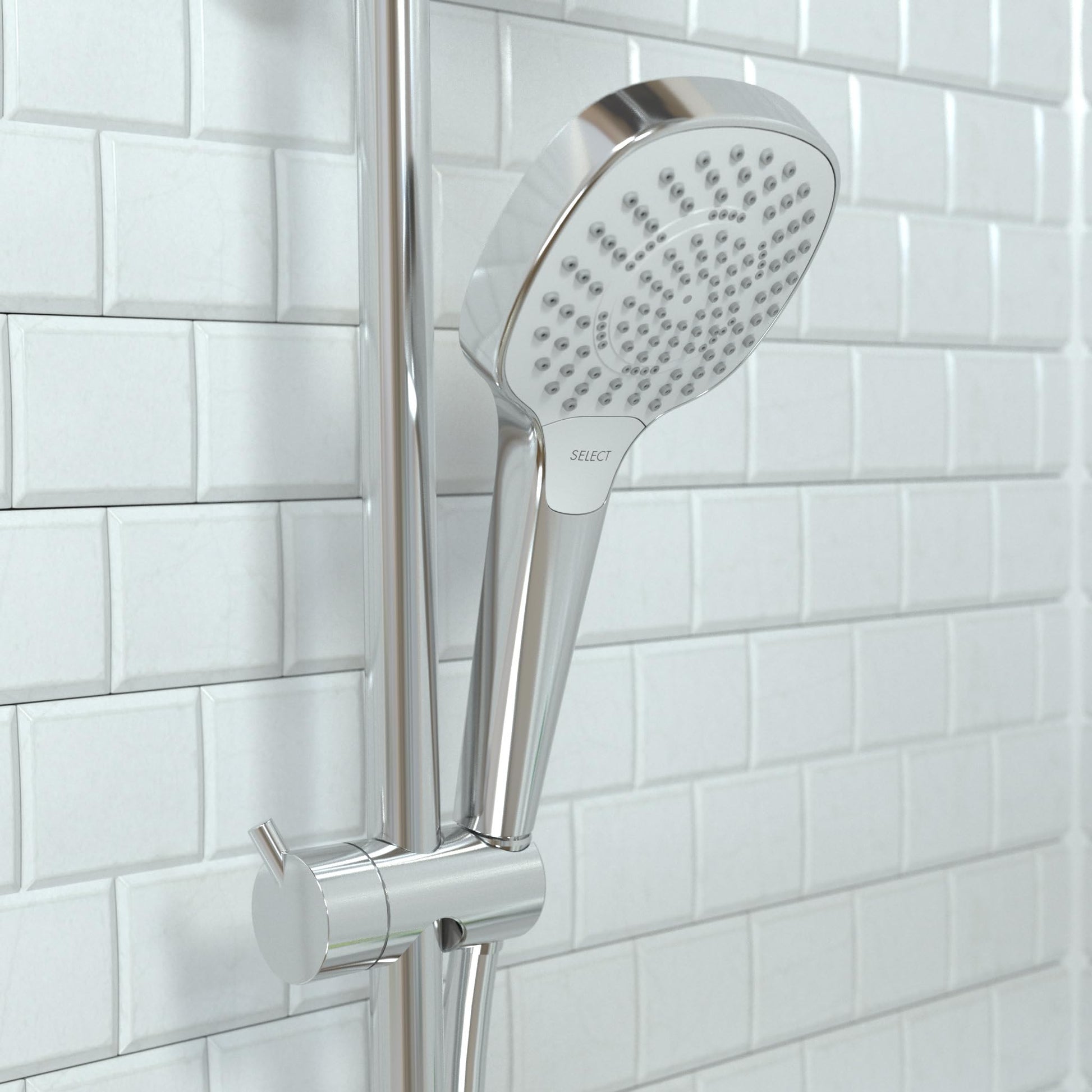 White and chrome handheld showerhead with multiple jets mounted on shower rail against white subway tile wall.