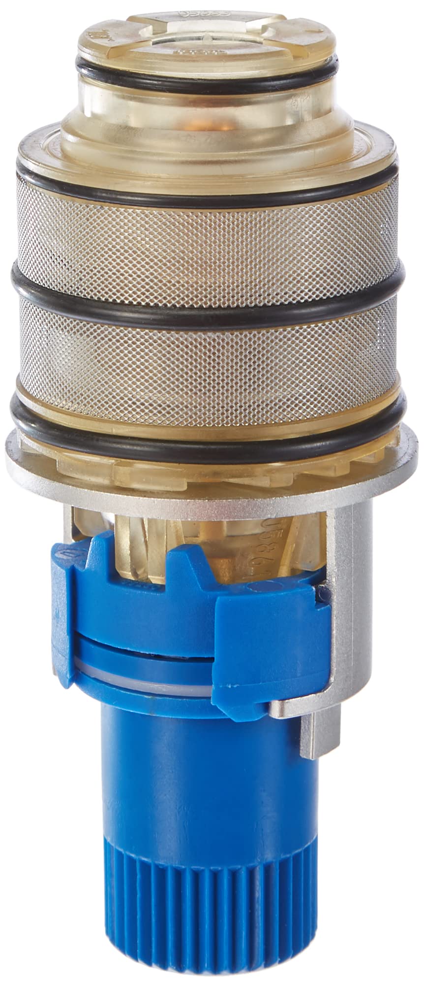 Grohe thermostatic cartridge with brass and mesh components, blue base connector, and black sealing rings.