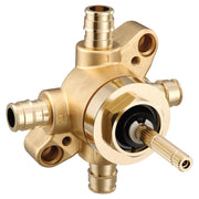Brass transfer valve with PEX expansion connections and rotating diverter stem for multi-function shower control.