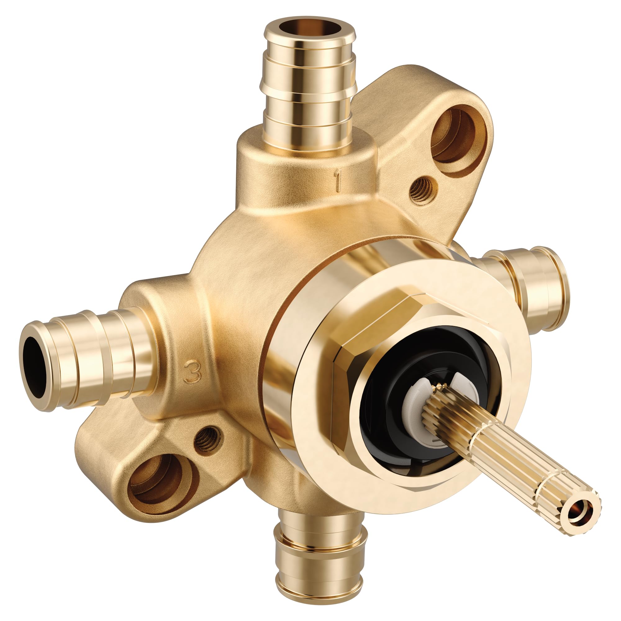 Brass transfer valve with PEX expansion connections and rotating diverter stem for multi-function shower control.