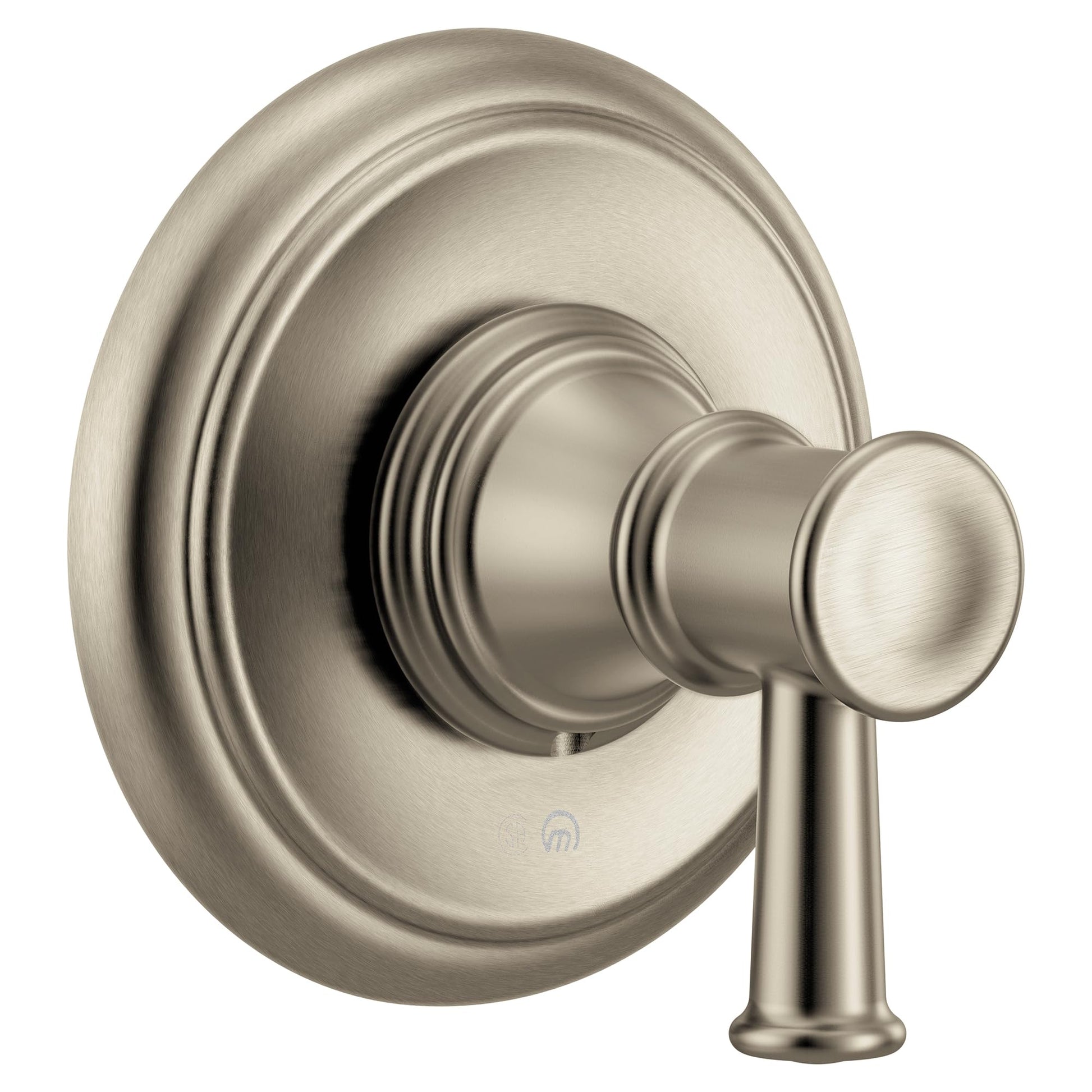 Brushed nickel single-handle transfer valve trim with circular escutcheon plate and lever handle.