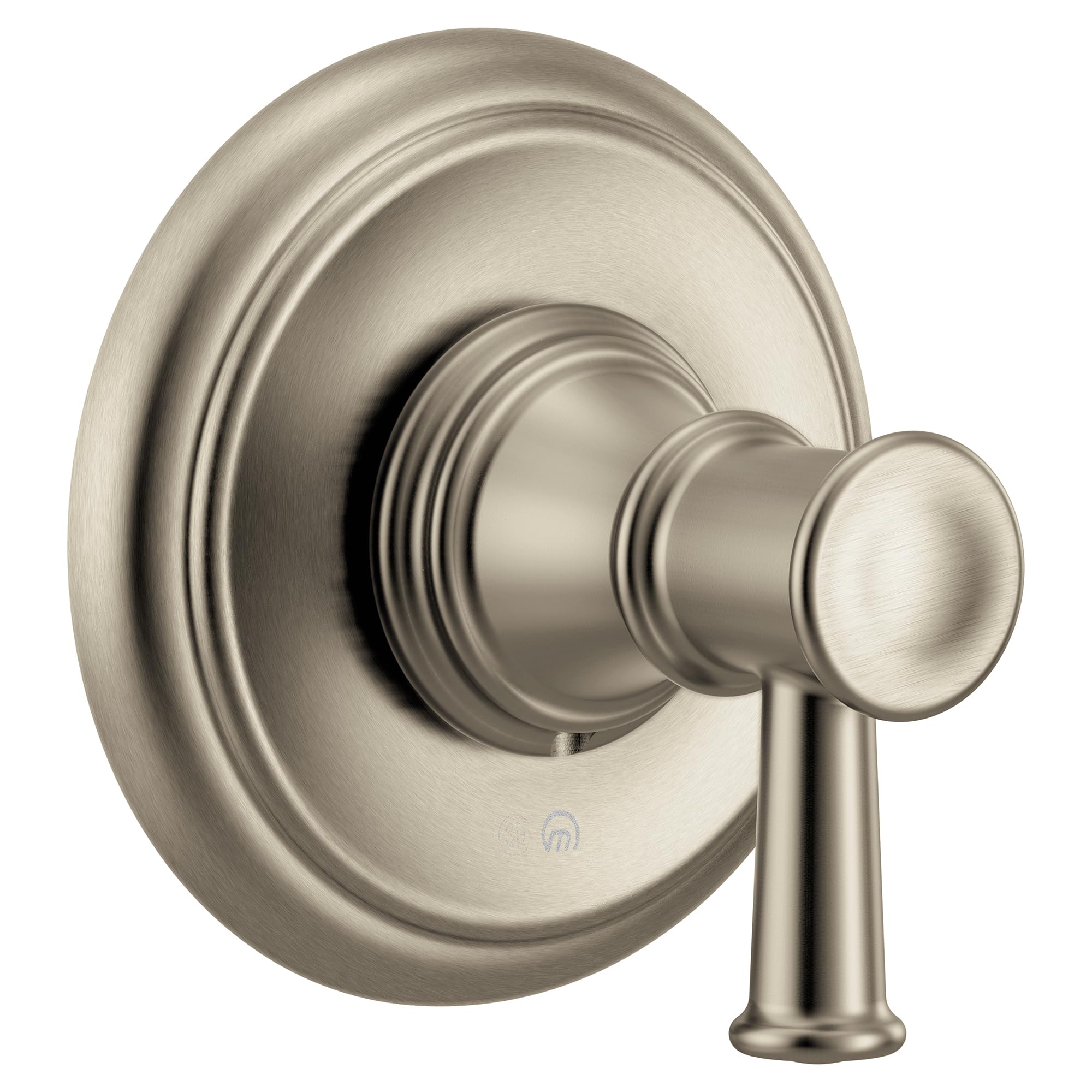 Brushed nickel single-handle transfer valve trim with circular escutcheon plate and lever handle.
