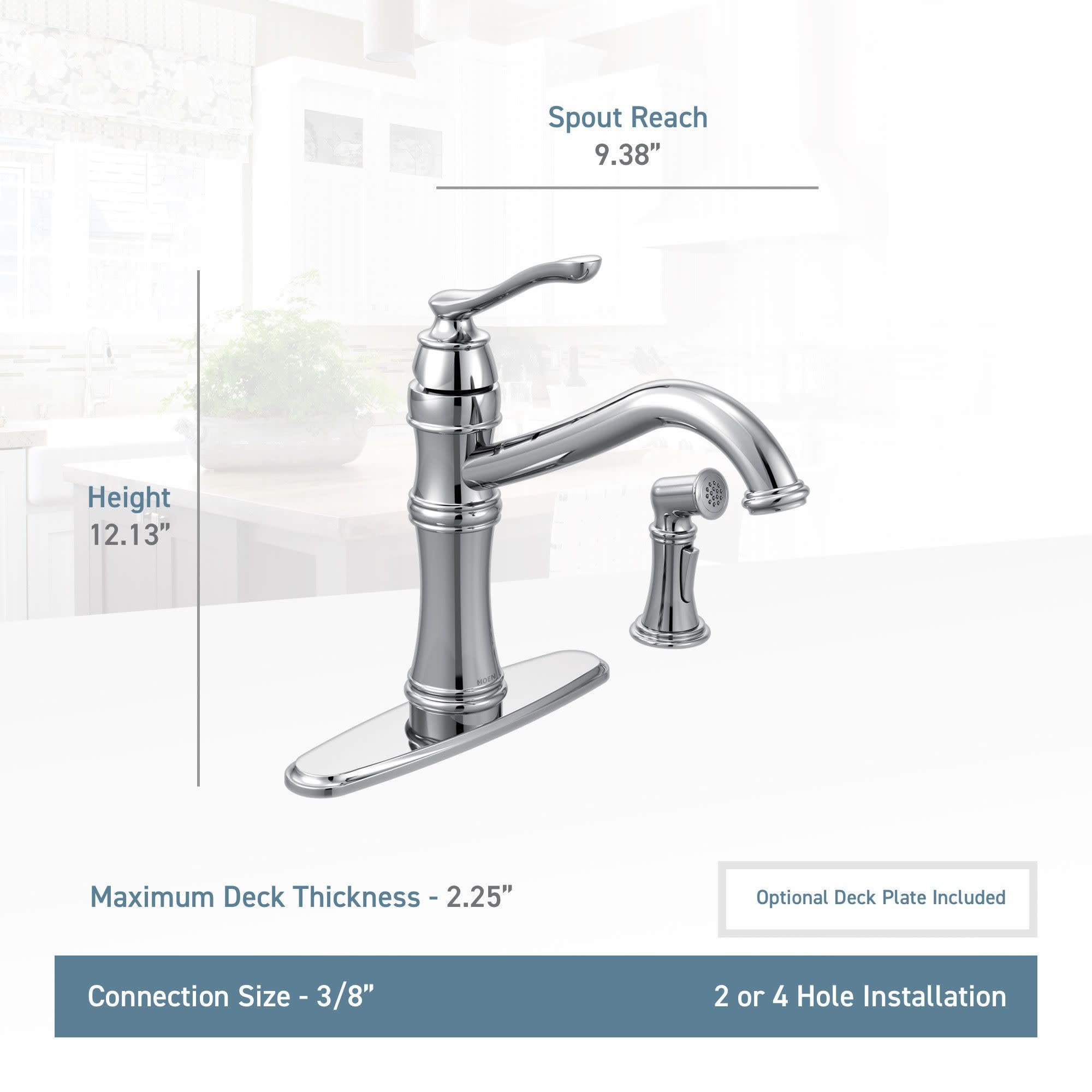 Stainless steel kitchen faucet with high arc spout, single handle, and detachable side spray on deck plate.