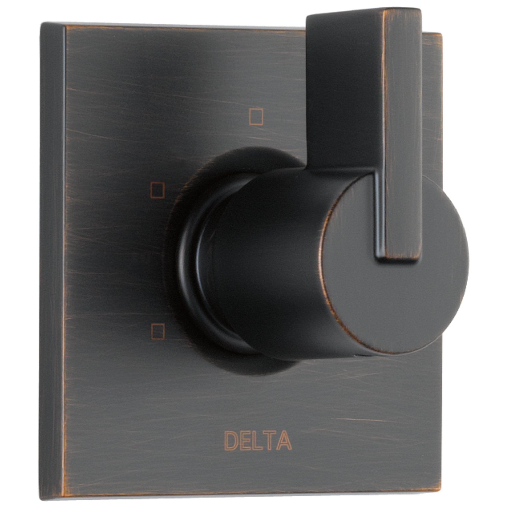 Oil-rubbed bronze diverter trim with round handle and rectangular mounting plate featuring Delta branding.