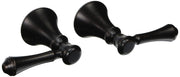 Pair of curved metal lever handles in dark bronze finish with tapered cone-shaped grips and circular valve stems.
