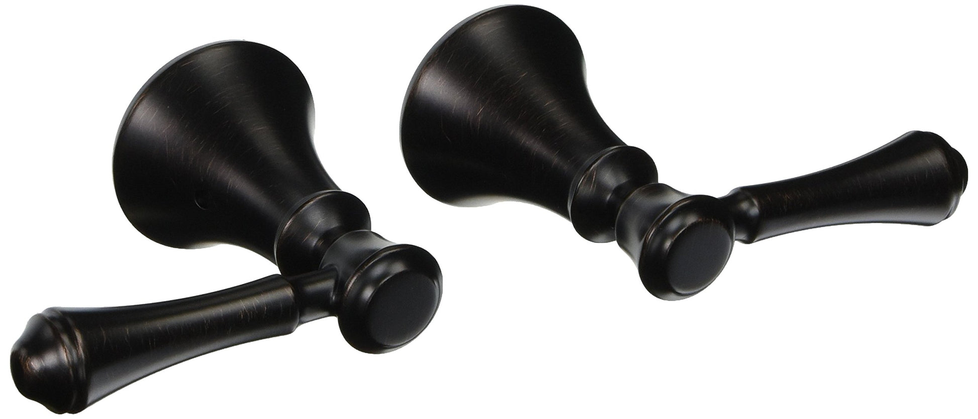 Pair of curved metal lever handles in dark bronze finish with tapered cone-shaped grips and circular valve stems.