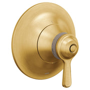 Moen Colinet thermostatic shower valve trim in brushed gold finish with circular escutcheon plate and lever handle.