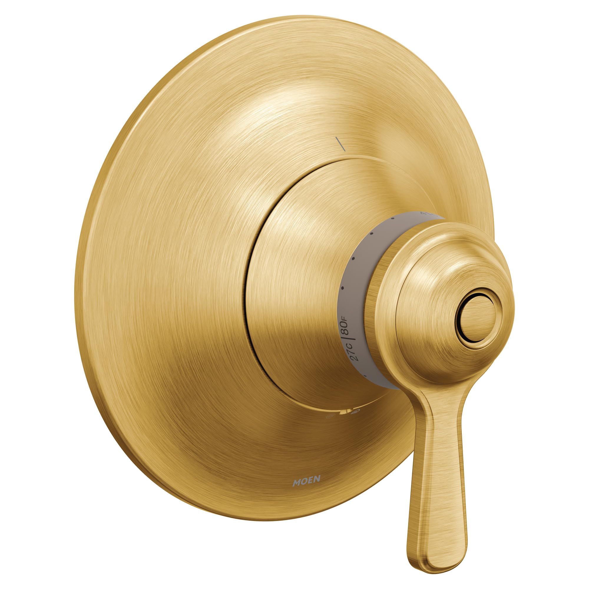Moen Colinet thermostatic shower valve trim in brushed gold finish with circular escutcheon plate and lever handle.