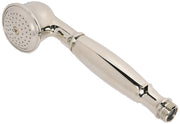 Polished nickel hand shower with circular perforated head and elongated handle with grip bands.