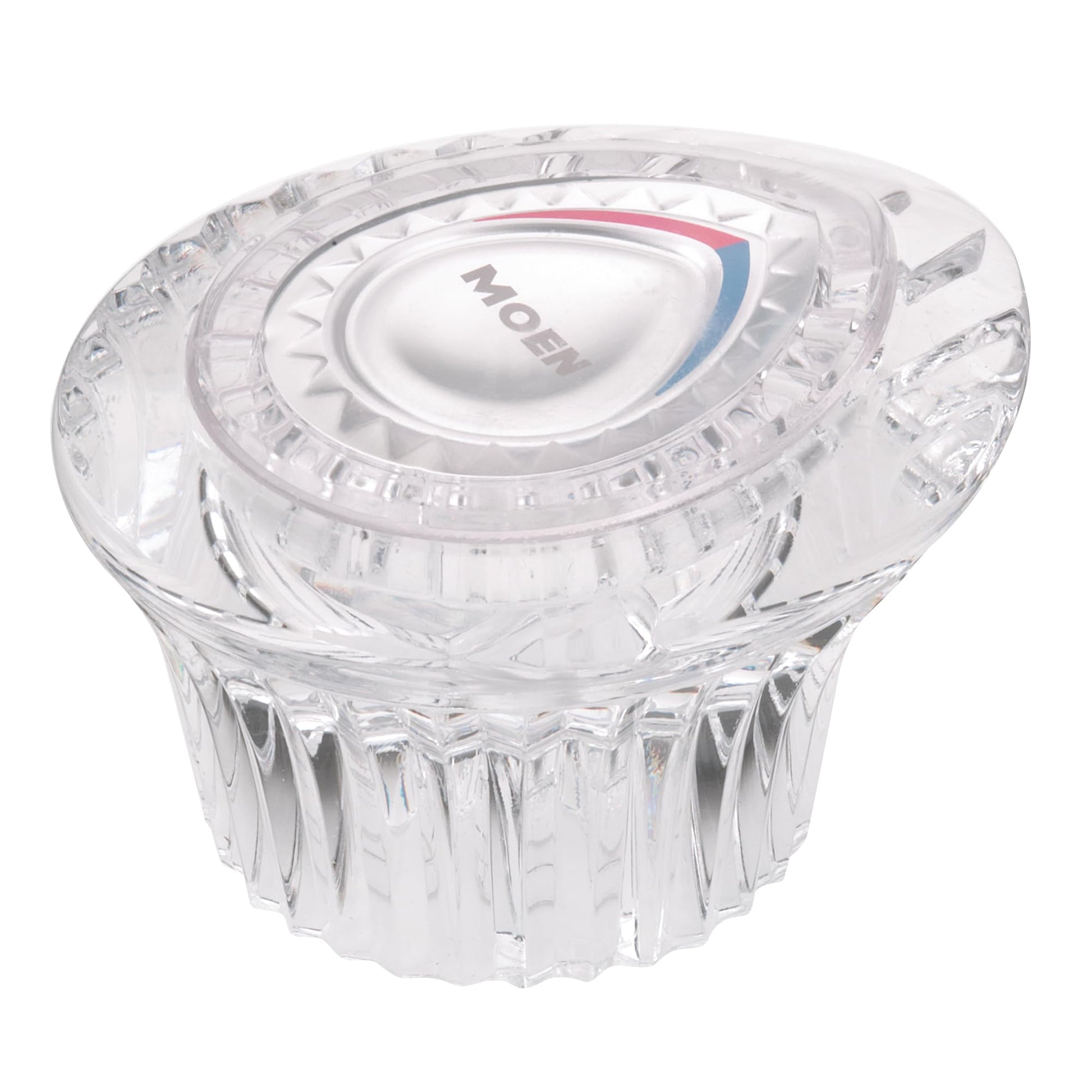Clear plastic Moen faucet handle with textured grip and color-coded temperature indicator stripe.