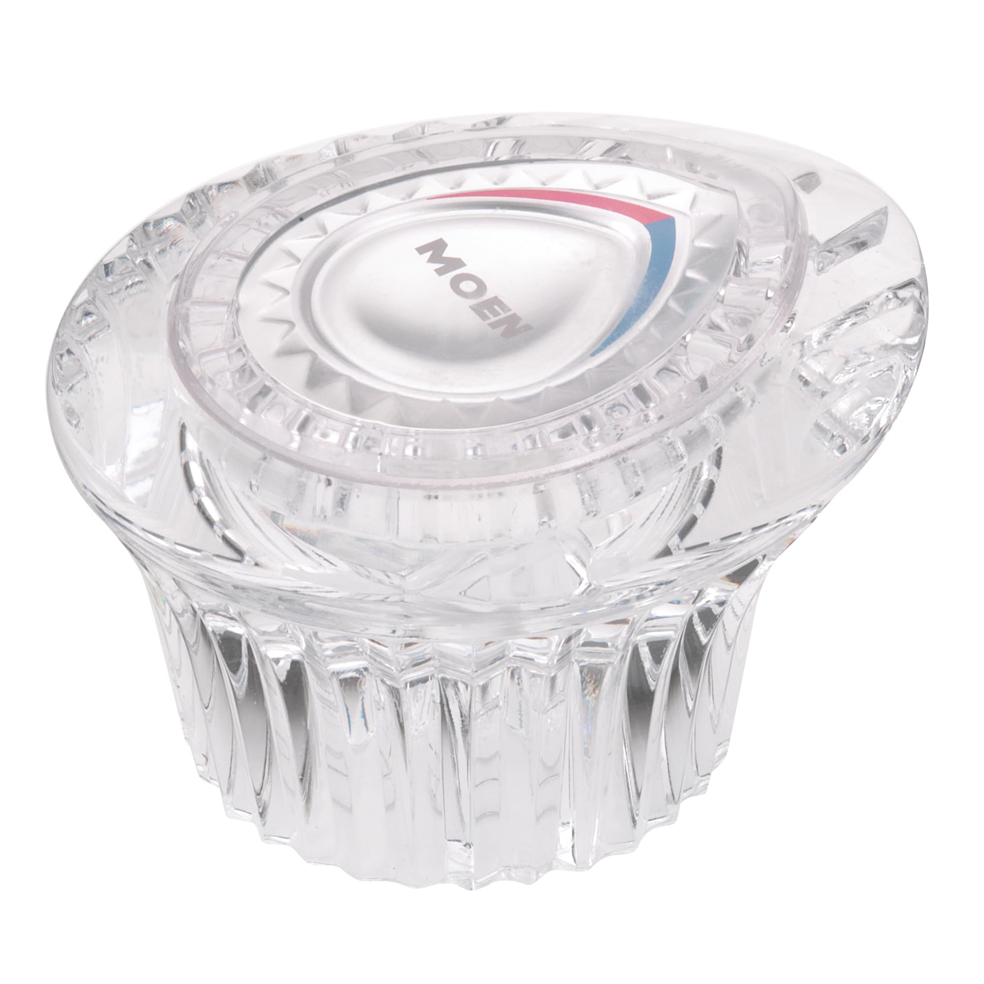 Clear plastic Moen faucet handle with textured grip and color-coded temperature indicator stripe.