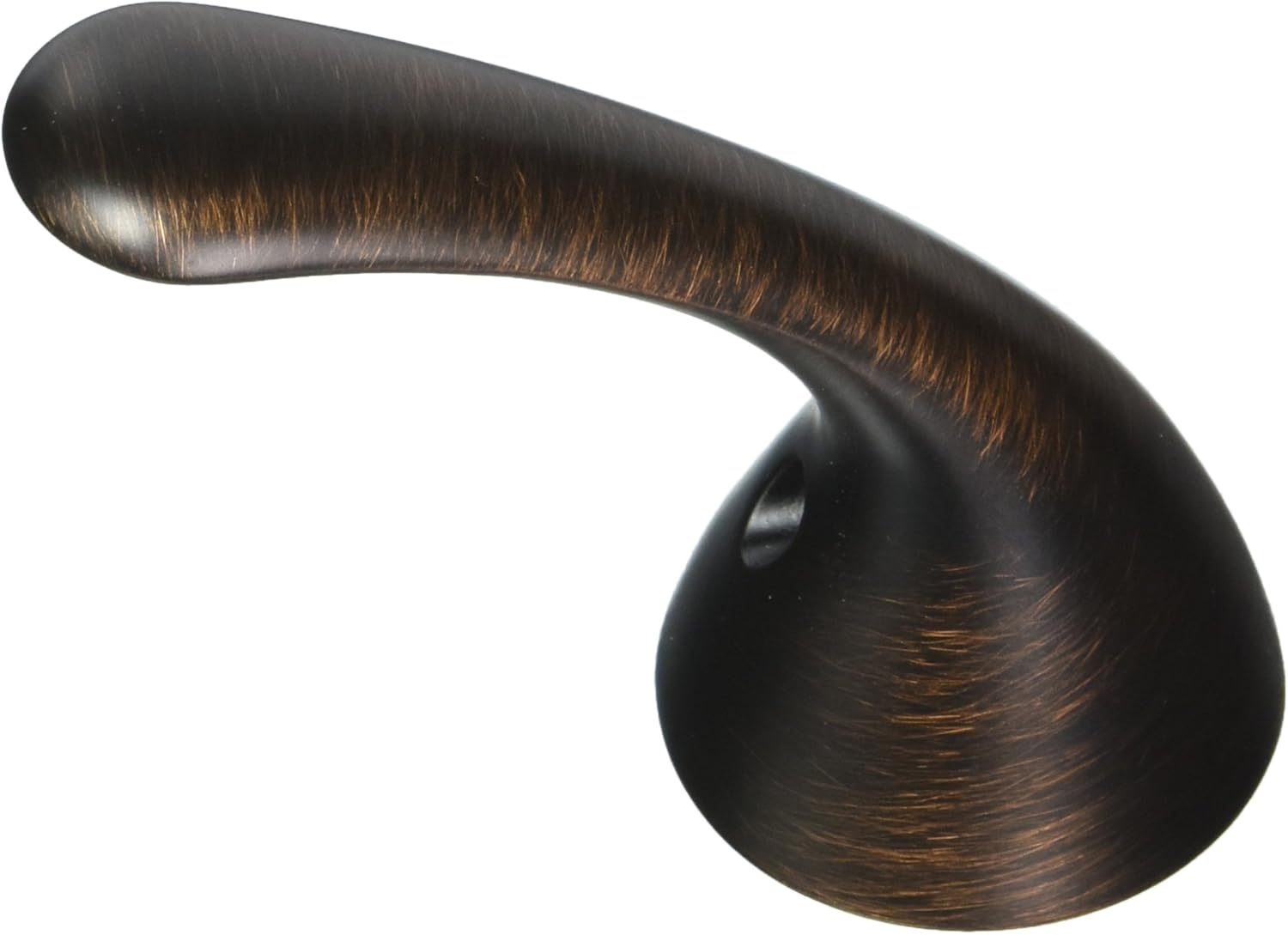 Curved metal lever handle in dark bronze finish with brushed texture and copper accents.