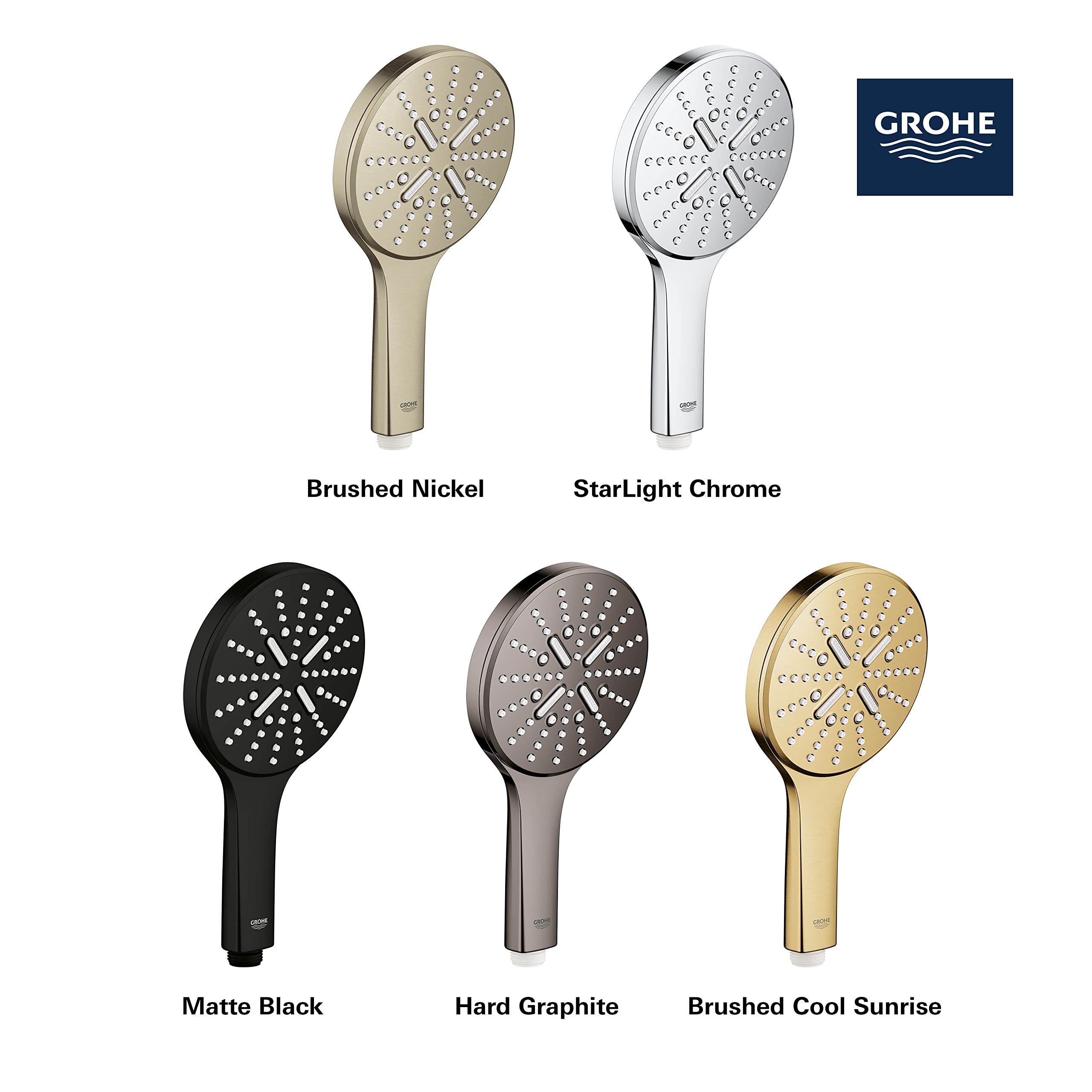 Grohe Rainshower hand shower with circular perforated head in matte black finish shown with four additional color options.