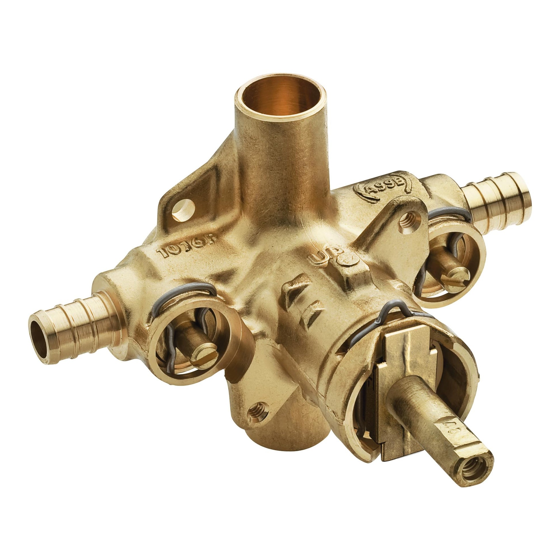 Brass rough-in valve with three PEX barb connections and one outlet port, featuring internal cartridge mechanism and mounting