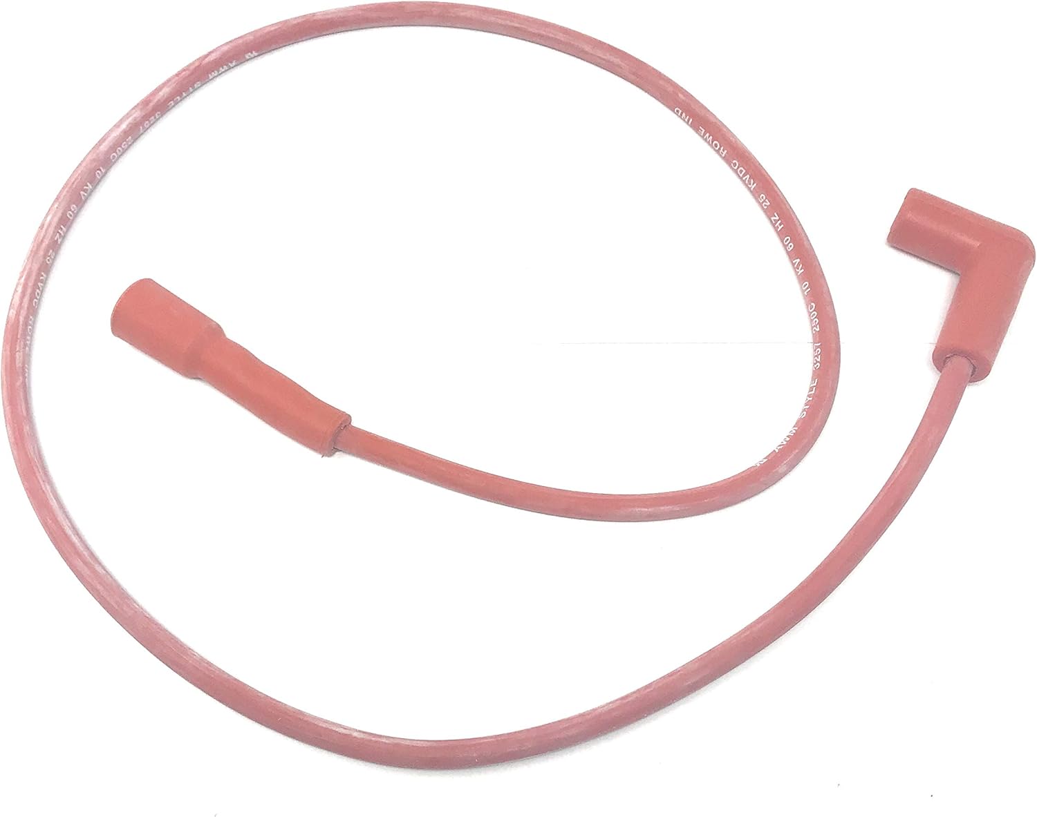 Red ignition cable assembly with two connectors, coiled in circular formation.